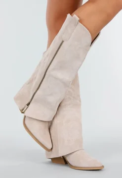 Beige Suède Look Cowboylaarzen met Stikseldetail