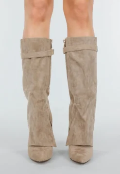 Beige Suède-look Hoge Laarzen met Bandje en Puntneus