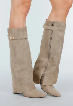 Beige Suède-look Hoge Laarzen met Bandje en Puntneus