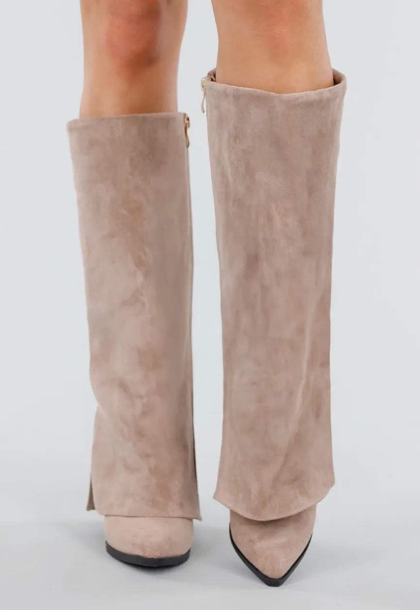 Beige Suède-look Hoge Laarzen met Split en Hak