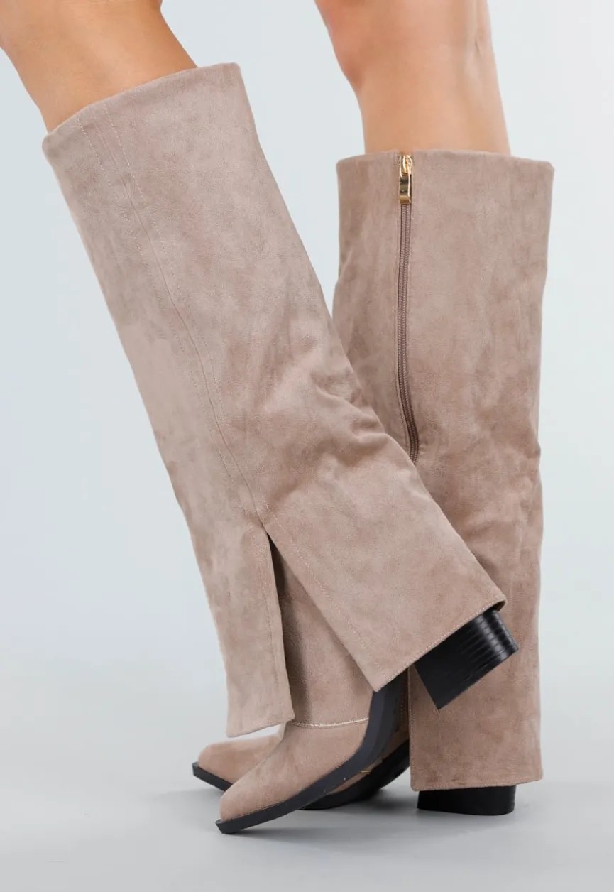 Beige Suède-look Hoge Laarzen met Split en Hak