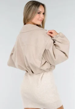Beige Suède Look Jasje met Dubbele Knoopsluiting en Wijde Mouwen