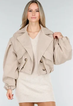 Beige Suède Look Jasje met Dubbele Knoopsluiting en Wijde Mouwen