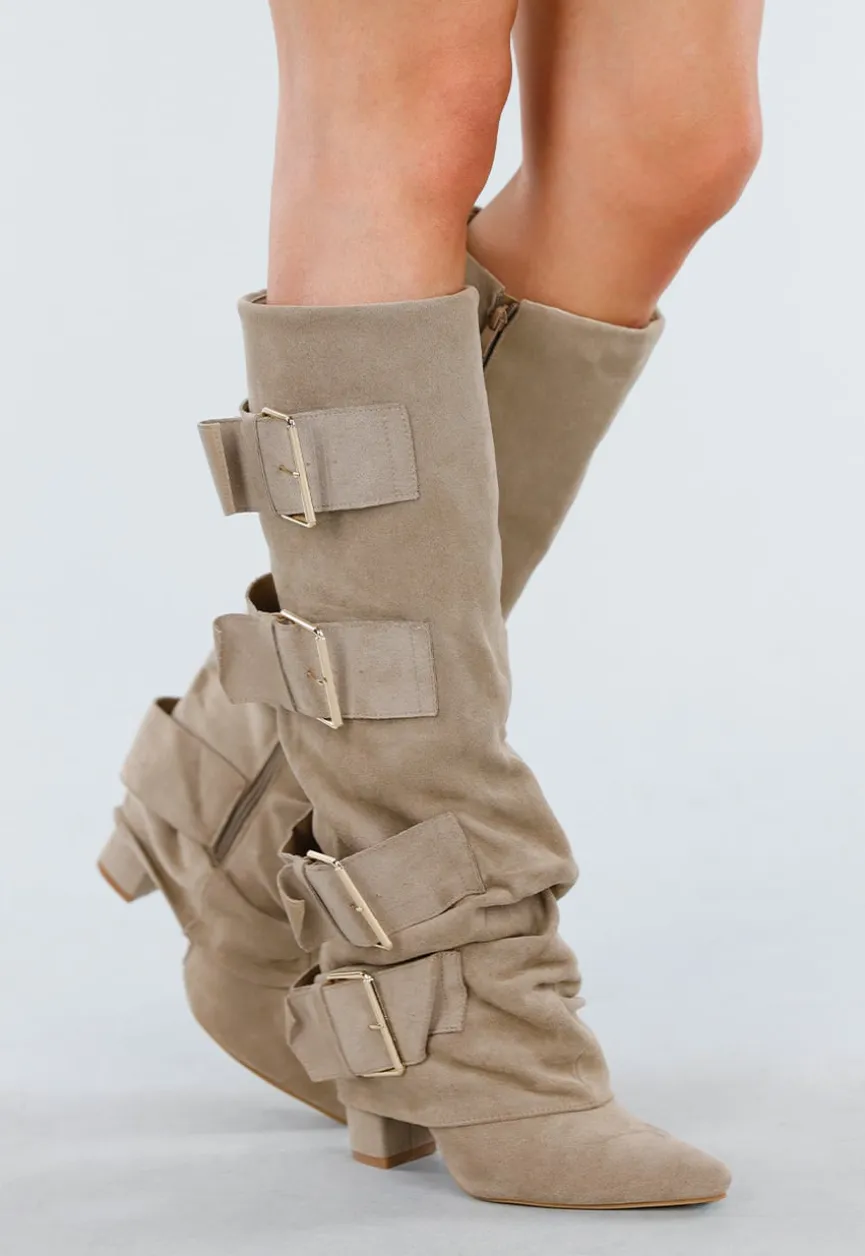 Beige Suèdelook Laarzen met Brede Gespsluitingen