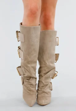 Beige Suèdelook Laarzen met Brede Gespsluitingen