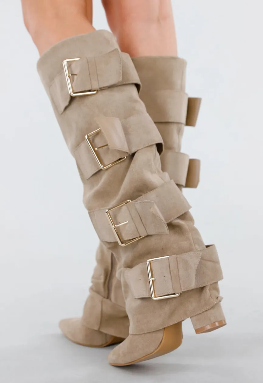 Beige Suèdelook Laarzen met Brede Gespsluitingen