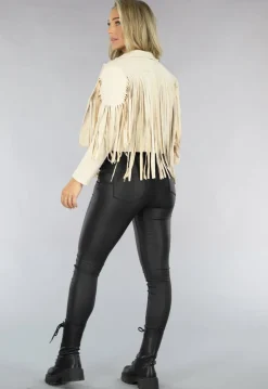 Beige Suèdelook Jas met Fringe Details