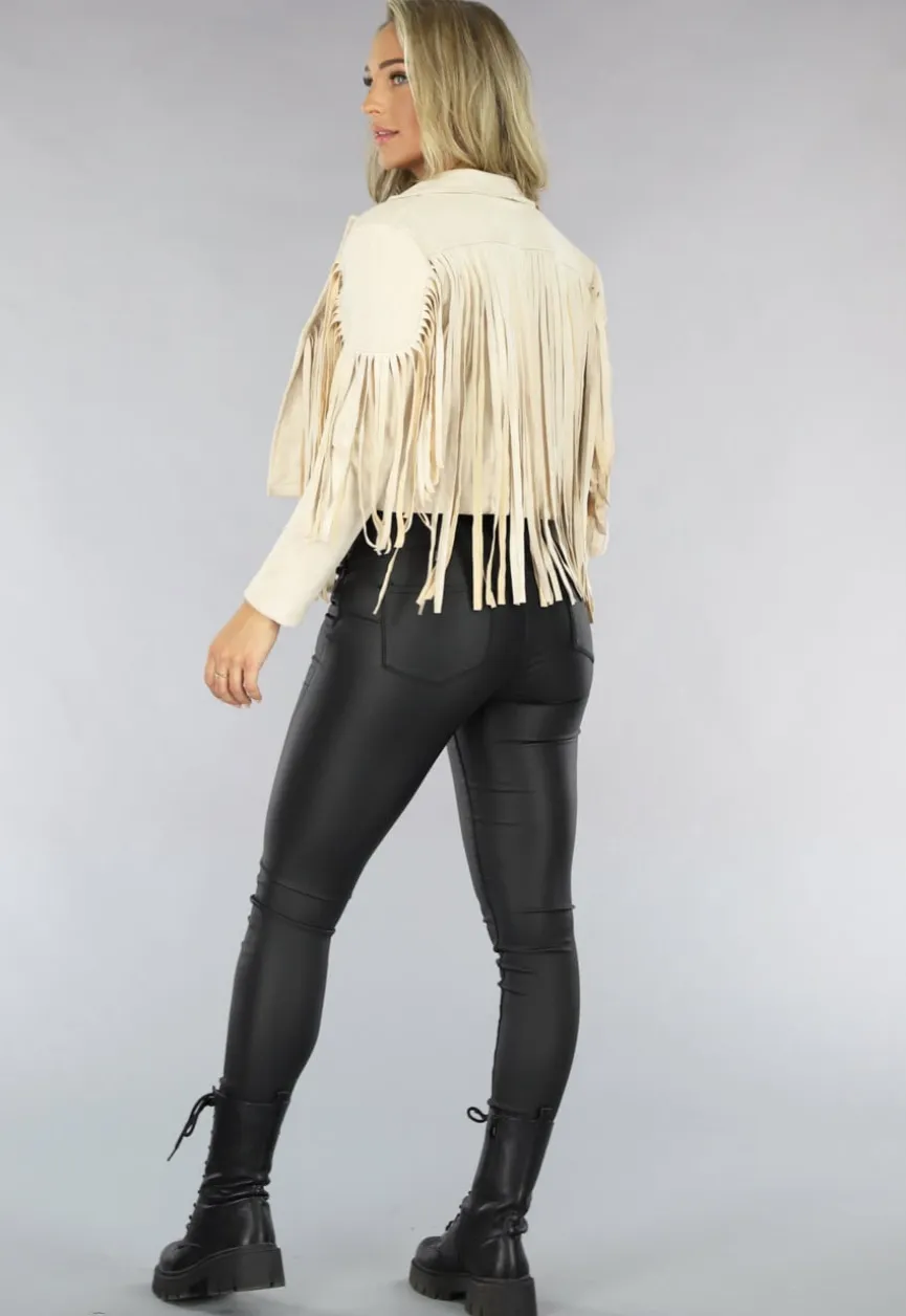 Beige Suèdelook Jas met Fringe Details