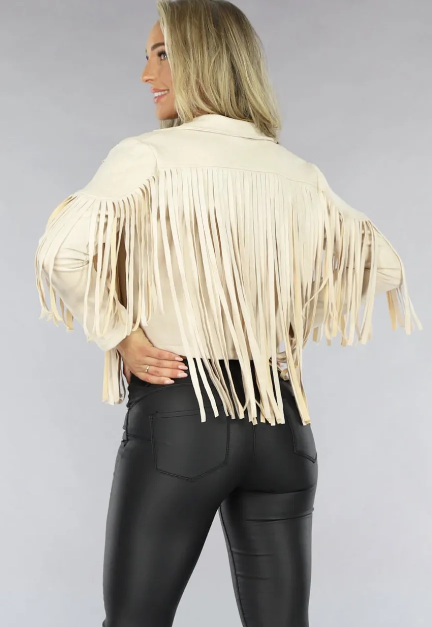 Beige Suèdelook Jas met Fringe Details