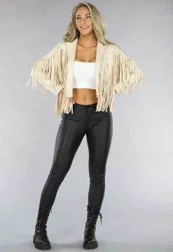 Beige Suèdelook Jas met Fringe Details