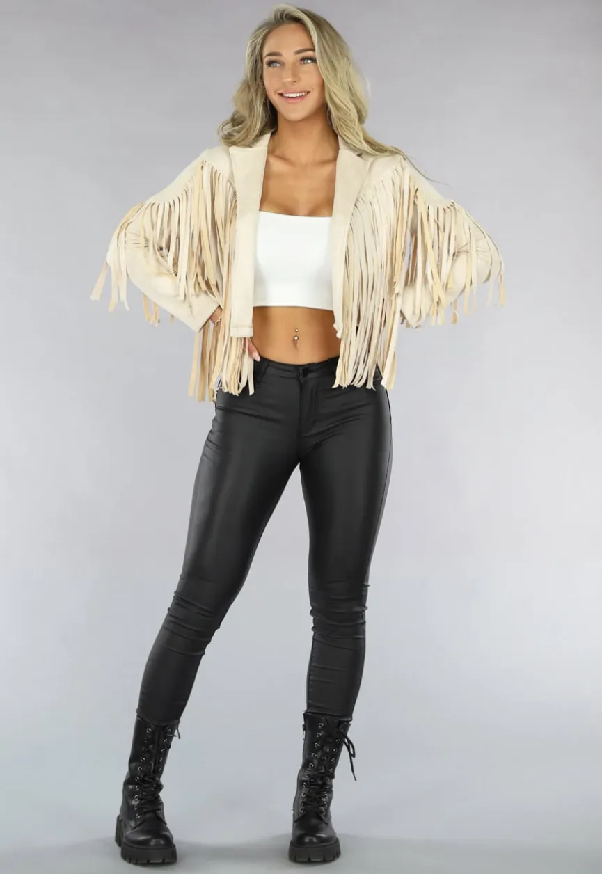 Beige Suèdelook Jas met Fringe Details