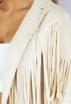 Beige Suèdelook Jas met Fringe Details