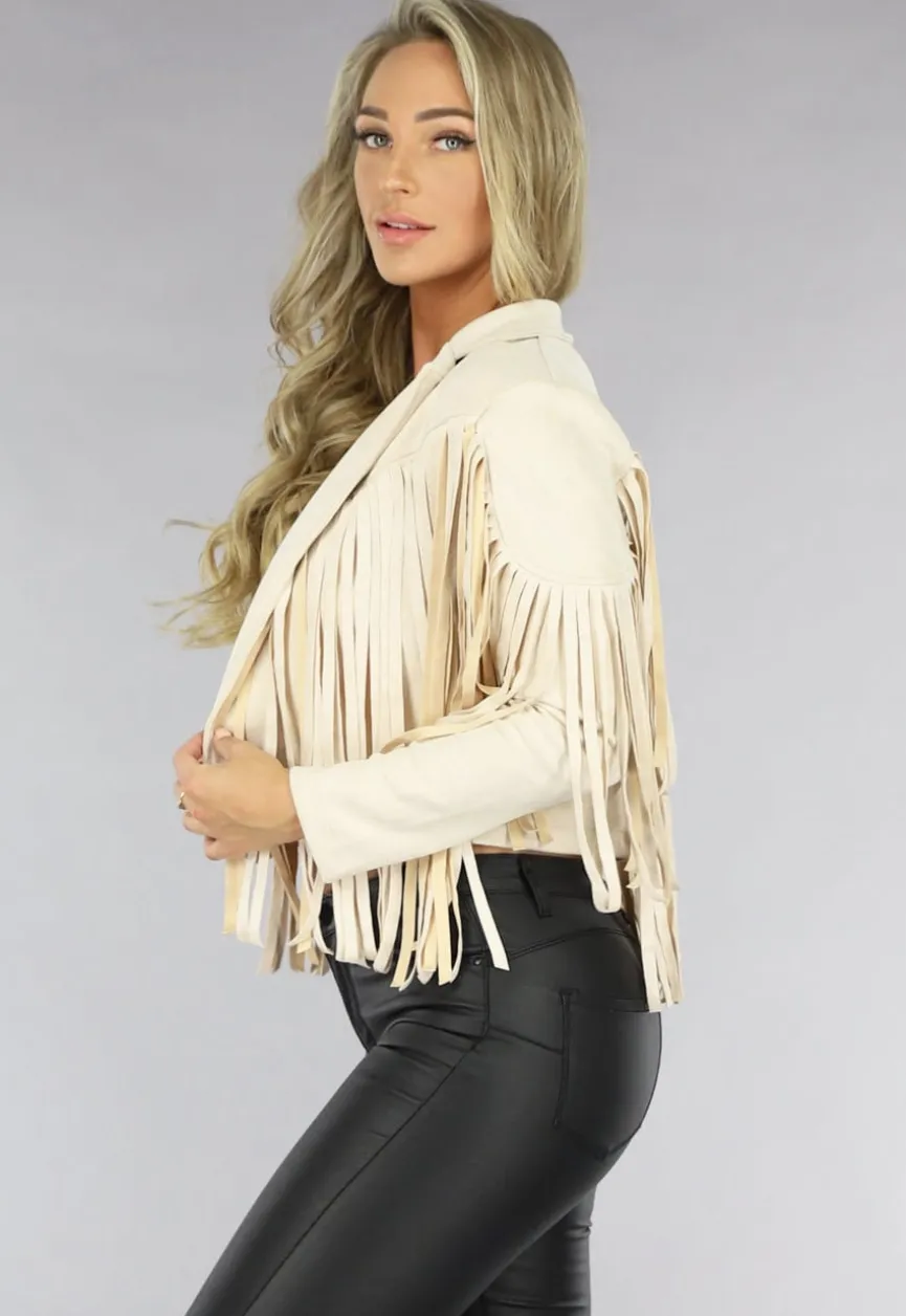 Beige Suèdelook Jas met Fringe Details