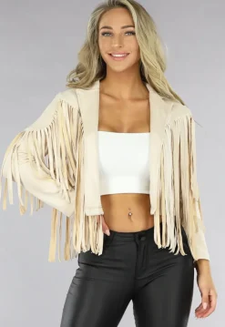 Beige Suèdelook Jas met Fringe Details