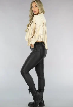 Beige Suèdelook Jas met Fringe Details