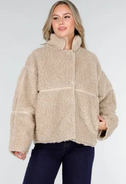 Beige Teddy Jas met Opstaande Kraag en Knoopsluiting