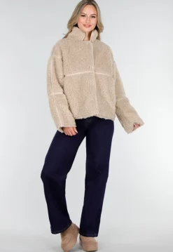 Beige Teddy Jas met Opstaande Kraag en Knoopsluiting