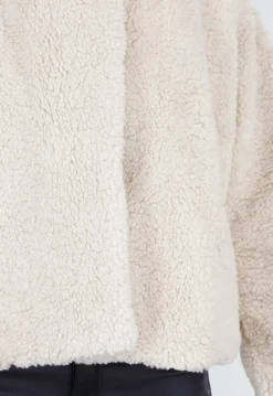 Beige Teddy Jas met Zachte Fleece Textuur en Opstaande Kraag
