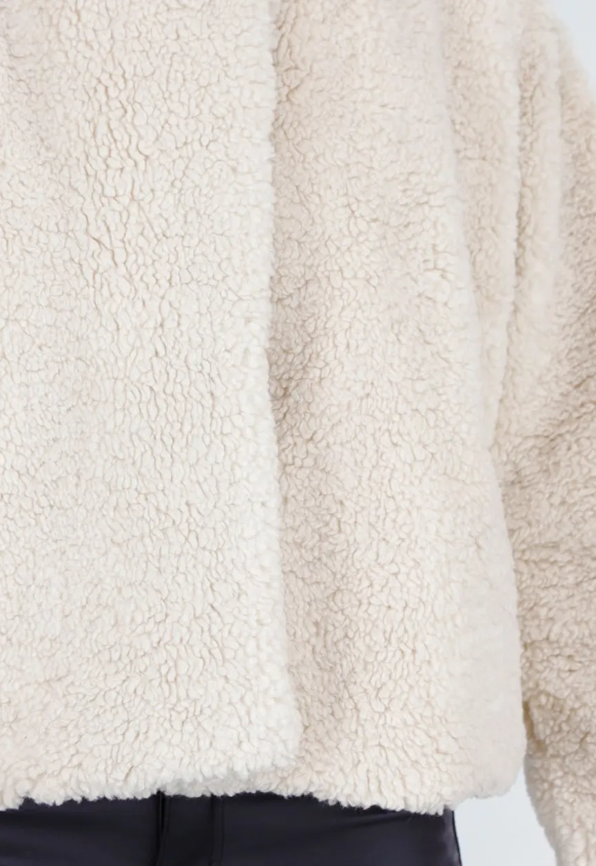 Beige Teddy Jas met Zachte Fleece Textuur en Opstaande Kraag