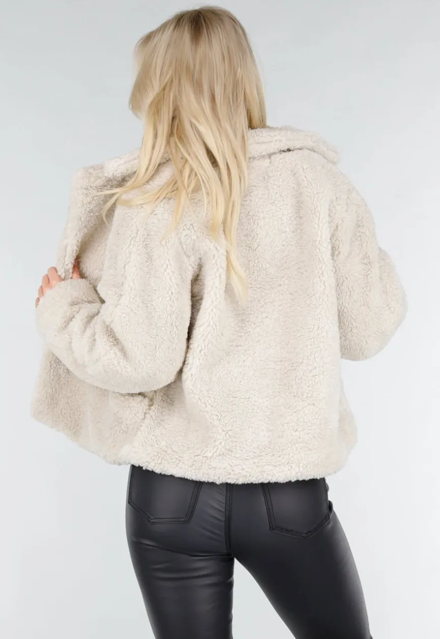 Beige Teddy Jas met Zachte Fleece Textuur en Opstaande Kraag