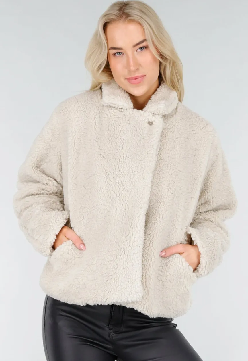 Beige Teddy Jas met Zachte Fleece Textuur en Opstaande Kraag