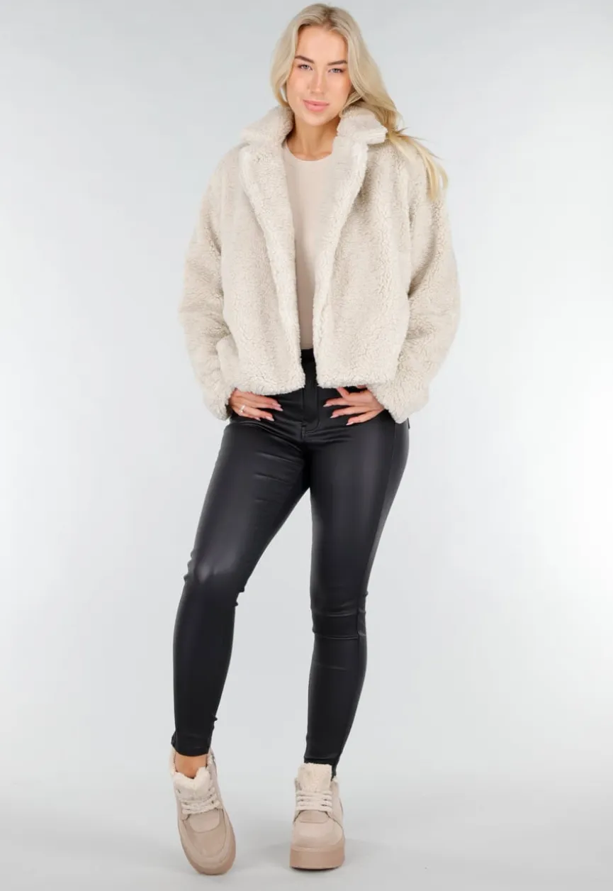 Beige Teddy Jas met Zachte Fleece Textuur en Opstaande Kraag