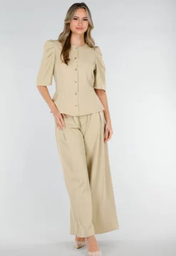 Beige Top met Pofmouwen en Knopen