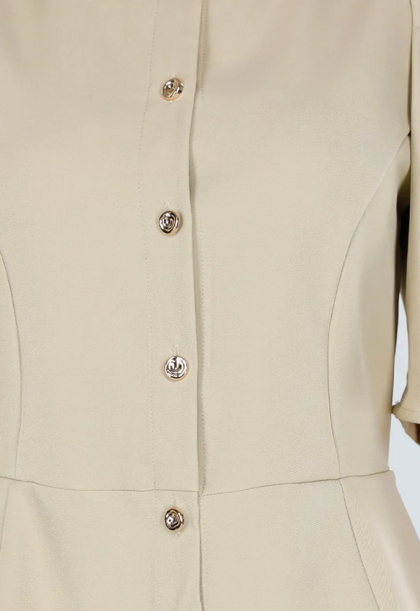 Beige Top met Pofmouwen en Knopen