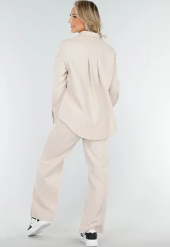 Beige Tweedelige Set met Blouse met Borstzakken en Wijde Broek