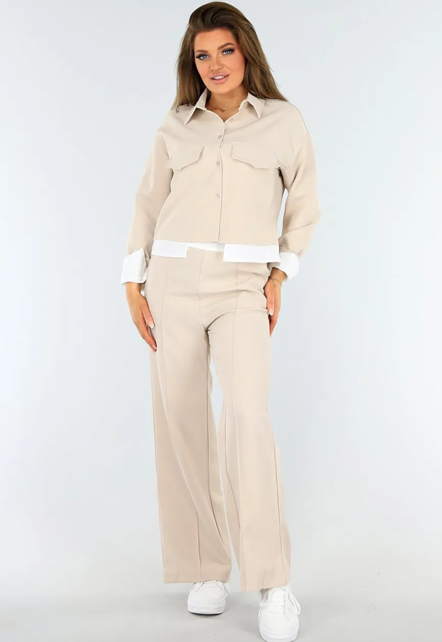 Beige Tweedelige Set met Blouse Detail en Tailleband