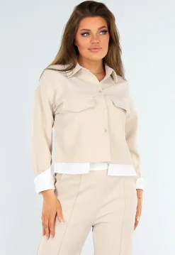 Beige Tweedelige Set met Blouse Detail en Tailleband