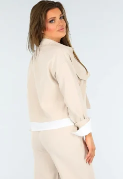 Beige Tweedelige Set met Blouse Detail en Tailleband