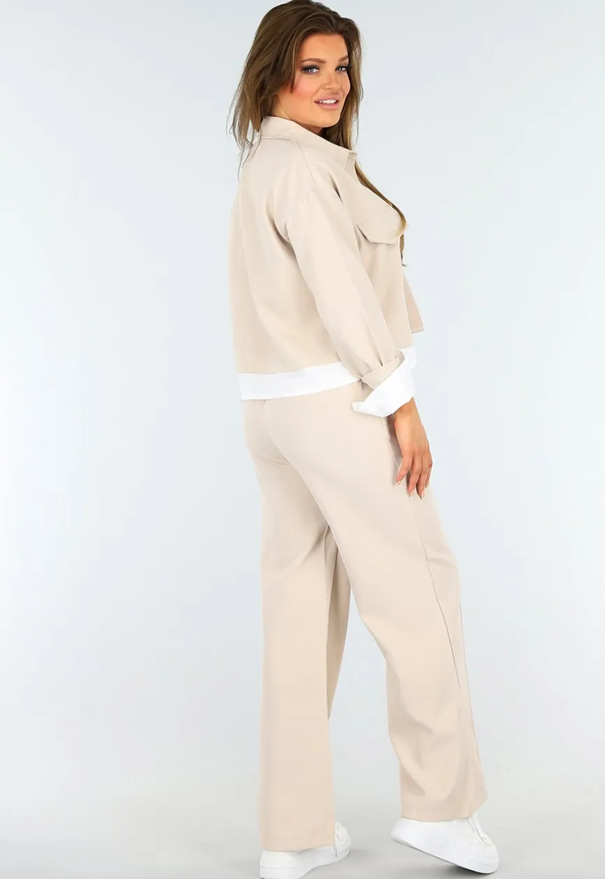 Beige Tweedelige Set met Blouse Detail en Tailleband