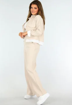 Beige Tweedelige Set met Blouse Detail en Tailleband