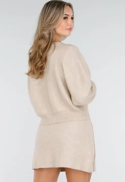 Beige Twee-Delige Set met Gebreid Vest en Rok
