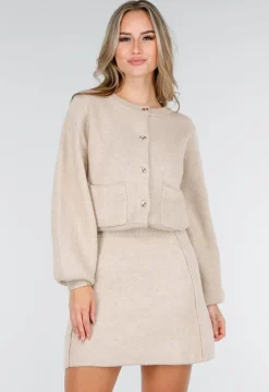 Beige Twee-Delige Set met Gebreid Vest en Rok