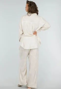 Beige Tweedelig Setje met Geborduurde Blouse en Broek