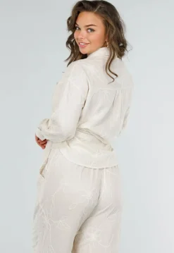 Beige Tweedelig Setje met Geborduurde Blouse en Broek