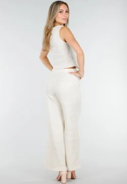 Beige Two Piece Set met Gilet en Pantalon met Gouden Knopen