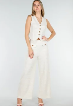 Beige Two Piece Set met Gilet en Pantalon met Gouden Knopen
