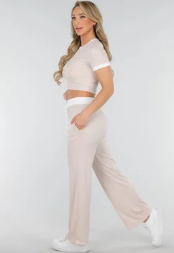 Beige Two Piece Set met Lange Broek en Korte Top met Colorblockingdetails