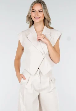 Beige Two Piece Set met Mouwloos Gilet en Plooibroek met Hoge Taille