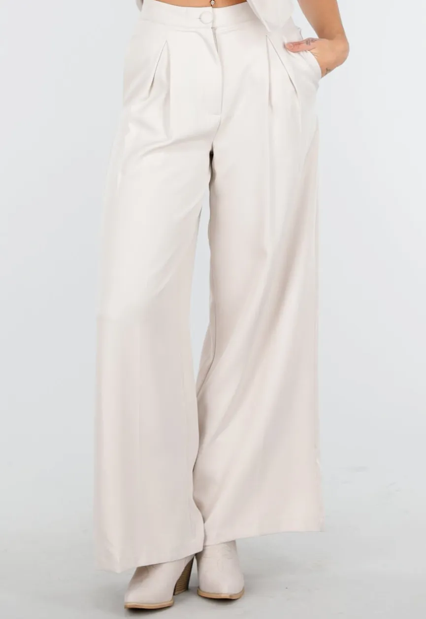 Beige Two Piece Set met Mouwloos Gilet en Plooibroek met Hoge Taille