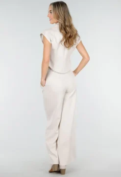 Beige Two Piece Set met Mouwloos Gilet en Plooibroek met Hoge Taille