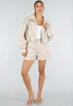 Beige Two Piece Set met Zwarte Stippen en Lange Mouwen