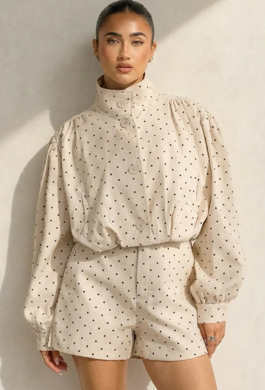 Beige Two Piece Set met Zwarte Stippen en Lange Mouwen