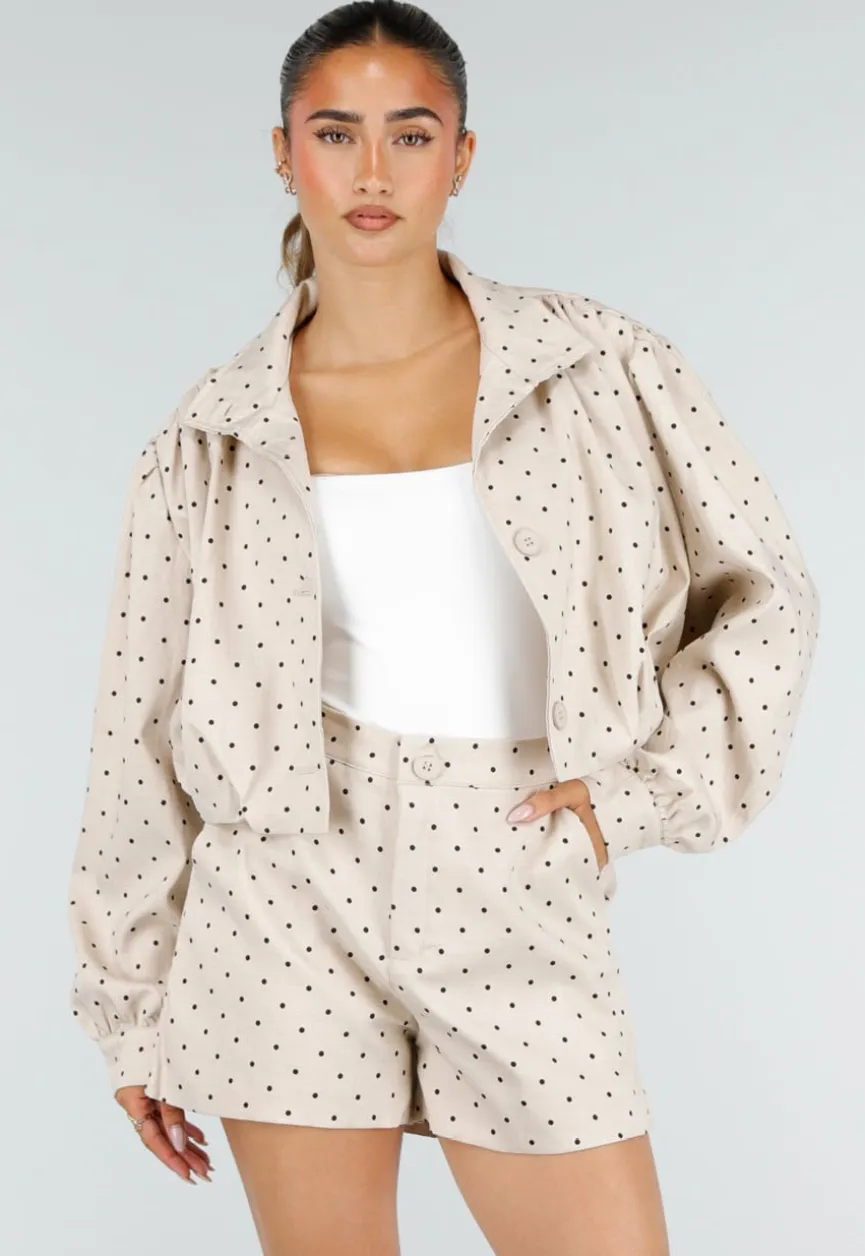 Beige Two Piece Set met Zwarte Stippen en Lange Mouwen