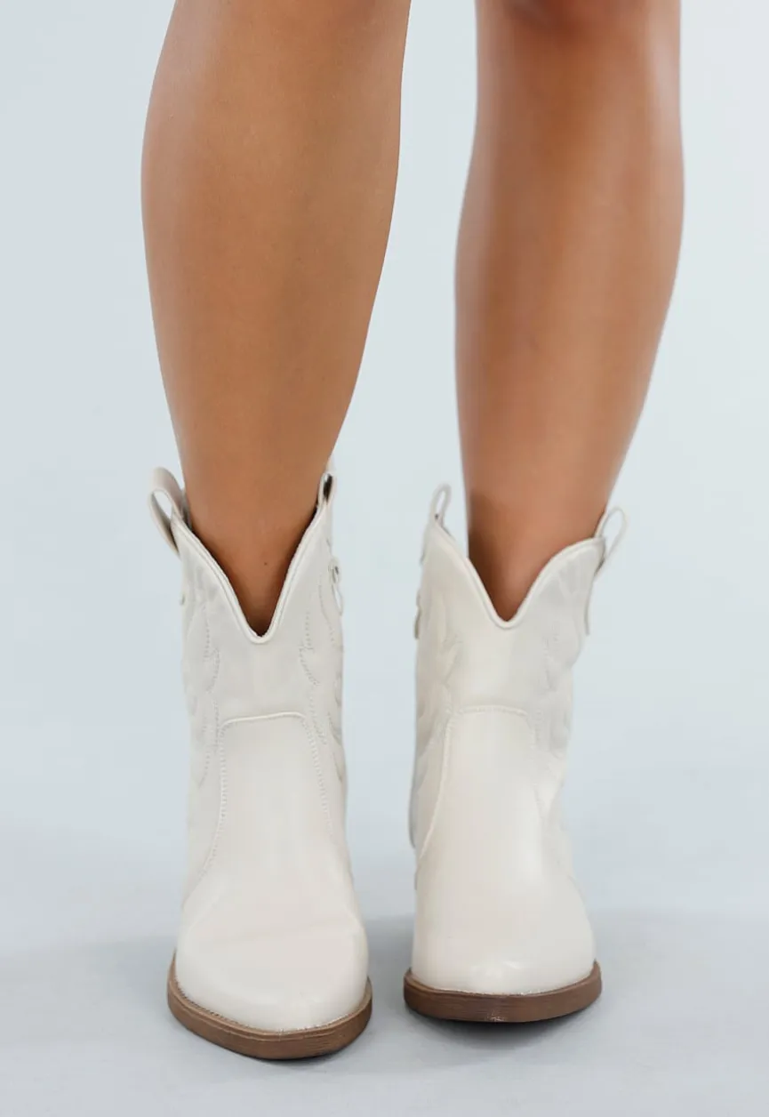 Beige Western Enkellaarsjes met Sierstiksels en Rits