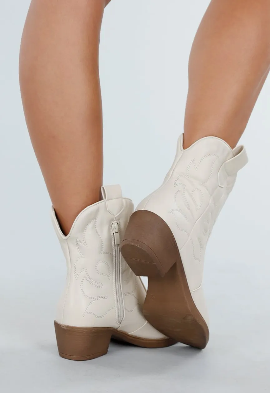 Beige Western Enkellaarsjes met Sierstiksels en Rits