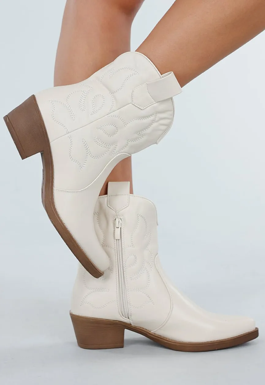 Beige Western Enkellaarsjes met Sierstiksels en Rits